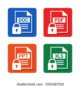 Set of format and extension of documents. Document locked. Privacy. PDF, DOC, PPT and XLS. File type. Illustration vector