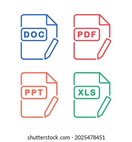 Set of format and extension of documents. File type.  PDF, DOC, PPT and XLS. Edit document file. Illustration vector
