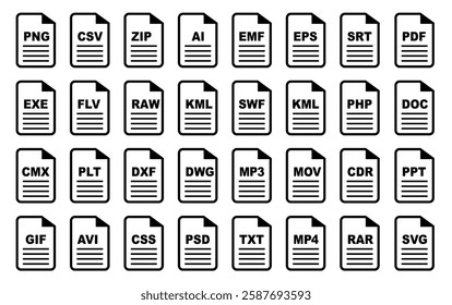 Set of format file of document icon. Vector symbol illlustration. JPG, PNG, PDF, DOC, PPT, XLS, MP4, RAR, PSD, EPS, AI, ZIP, MP3, MPV, GSF and more. editable file