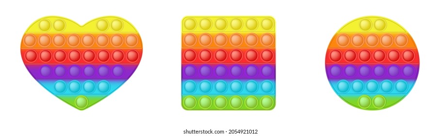 Set of forms pop it a fashionable silicon rainbow toys for fidgets. Addictive anti-stress toy in bright colors. Bubble sensory developing popit for kids. Vector illustration isolated on a white