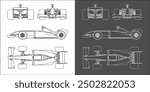 set of formula 1 car. F1 line art draw blueprint wireframe from all side view. isolated on transparent background 