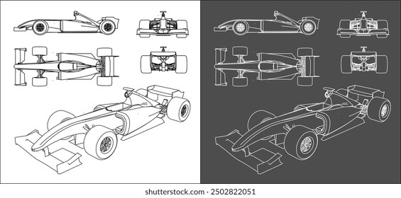 set of formula 1 car. F1 line art draw blueprint wireframe from all side view. isolated on transparent background 