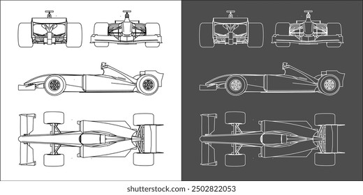 Conjunto de coche de Fórmula 1. F1 línea de arte dibujar plano de alambre desde toda la vista lateral. aislado en fondo transparente 