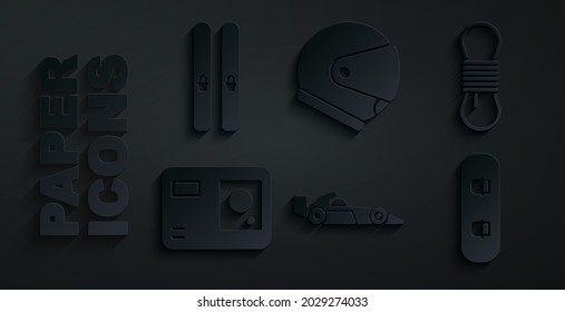 Set Formula 1 racing car, Climber rope, Action extreme camera, Snowboard, Helmet and Ski and sticks icon. Vector