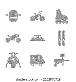 Juego de Fórmula 1, Ambulancia y emergencia, pistola de baloncesto, bastones de esquí, Snowmobile, Motorcycle, Roller skate y un icono de bote de Rafting. Vector