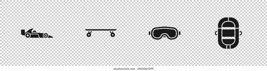 Set Formula 1 racing car, Longboard skateboard, Ski goggles and Rafting boat icon. Vector