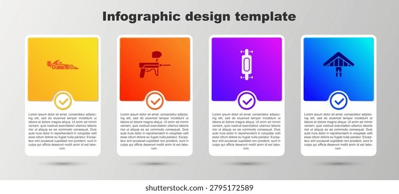 Set Formula 1 racing car, Paintball gun, Longboard skateboard and Hang glider. Business infographic template. Vector