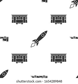 Set Formula race car, Rocket ship with fire and Old city tram on seamless pattern. Vector