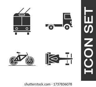 Set Formula race car, Trolleybus, Bicycle and Delivery cargo truck vehicle icon. Vector