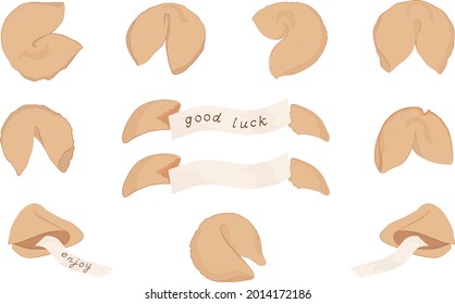Set of Fortune Chinese Fortune Cookies. Crush cookies with  blank  note for wishes. Trendy vector illustration. Good for web and print