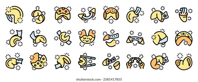 Set of fortune cookie icons, including opening, cracking, messages, sparkles, and chopsticks, ideal for representing luck, destiny, and chinese cuisine