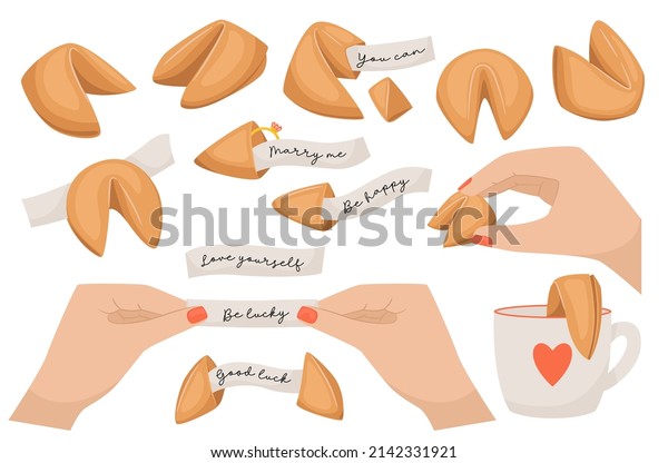 Set of Fortune Cookies with Lucky\
Forecasting on Paper Pieces. Surprised Message inside of Bake.\
Chinese Traditional Food, Prediction for Future, Lottery, Destiny\
Forecast. Cartoon Vector\
Illustration