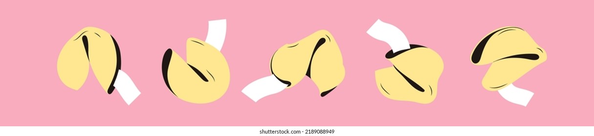 Set of fortune cookies with a paper of funny predictions. Traditional Chinese flowerless wisdom cookies. Lottery with a surprise in a crunchy dessert. Isolated vector illustration retro style 70s
