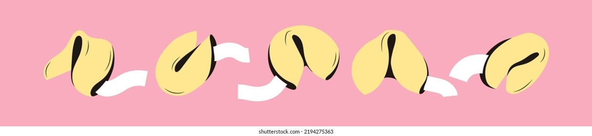 Set of fortune cookies. Paper with funny predictions. Traditional Chinese flowerless wisdom cookies. Lottery with a surprise in a crunchy dessert. Isolated vector illustration retro style 60s