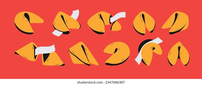 Set of fortune cookies with prediction paper. Traditional Chinese flowerless wisdom cookies. A fun lottery with a surprise in a crispy dessert. Vector illustration retro style 80s