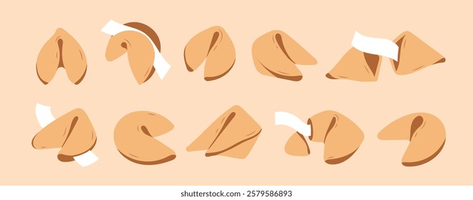 Set of fortune cookies with prediction paper. Traditional Chinese flowerless wisdom cookies. A fun lottery with a surprise in a crispy dessert. Vector illustration retro style 80s