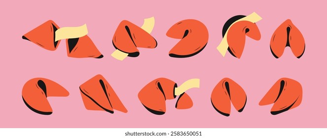 Set of fortune cookies with prediction paper. Traditional Chinese flowerless wisdom cookies. A fun lottery with a surprise in a crispy dessert. Vector illustration retro style 80s