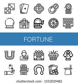 Set of fortune icons. Such as Dice, Crystal ball, Poker, Casino, Slot machine, Horseshoe, Roulette, Poker chip, Online gambling, Magician, Jackpot, Gambling , fortune icons