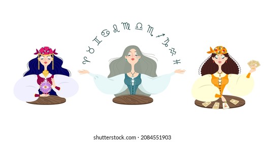 Set of fortune teller female characters. Cartoon illustration of a beautiful girls telling the future by seeing magic ball, zodiac signs and cards isolated on a white background. Vector 10 EPS.