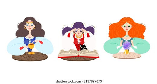 Set of fortune teller female characters. Vector illustration of a beautiful girls telling the future by seeing magic ball, using coffee grounds and magic book isolated on a white background. 