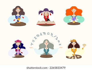 Juego de personajes femeninos de la adivina. Ilustración de caricatura de una bella muchacha que cuenta el futuro al ver bola mágica, signos de zodiaco, libro mágico y usar terrenos de café. Vector 10 EPS.