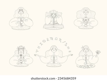 Juego de personajes femeninos de la adivina. Ilustración monocroma de una niña hermosa que cuenta el futuro al ver la bola mágica, los signos zodiacos, el libro mágico y el uso de cafés. Vector 10 EPS.