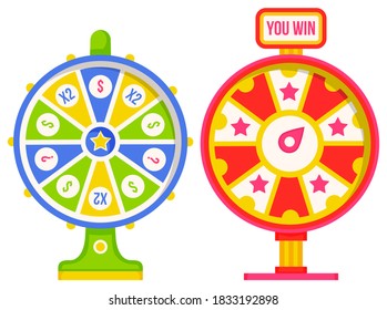 Conjunto de fortunas con números ganadores y sectores multicolores, ilustración de estilo plano. Concepto de la rueda de la fortuna del juego. Casino y vector de juego. Ilustración de la fortuna del casino, juego del ganador de la rueda