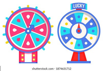 Set of fortune weels with winning numbers and multi-colored sectors, flat style illustration. Game fortune wheel concept. Casino and gambling vector. Illustration of casino fortune, wheel winner game