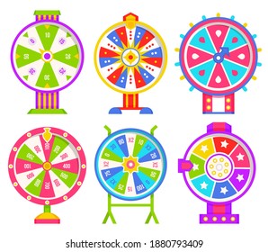 Set of fortune weels with winning numbers and multi-colored sectors, flat style illustration. Game fortune wheel concept. Casino and gambling vector. Illustration of casino fortune, wheel winner game