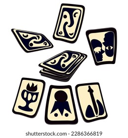 A set of fortune-telling cards in a stack, in a scatter, the front and back side in the mix. Dark tarot cards with images of the future. Tarot card reading, fortune teller, Halloween. Cards of Destiny
