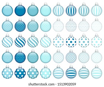 Set Of Forty Christmas Baubles With Pattern Blue White Silver
