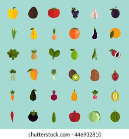 Set of forty color flat fruits and vegetables icons