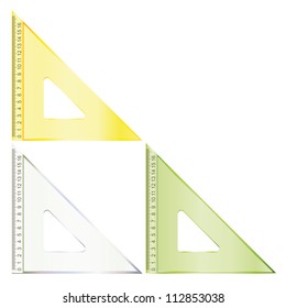 Set of forty five degree plastic rulers with different colors