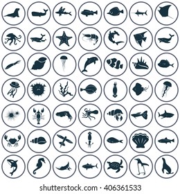 Set of forty nine sea animals icon