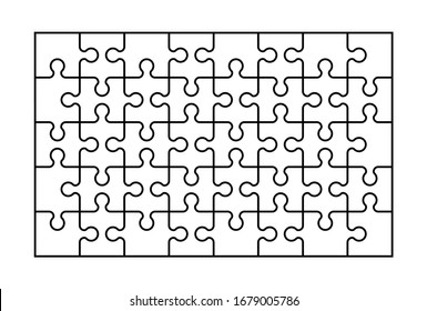 Set of forty puzzle pieces. Puzzle with different types of details and the ability to move each part. Black and white vector illustration.