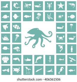 Set of forty sea animals icon