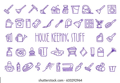 Set of forty six house keeping hand drawn blue icons drawn with a felt-tip pen