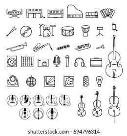 Set of forty three vector musical outline icons, by groups:  keyboards, stringed, drums, brass, guitars, light and sound