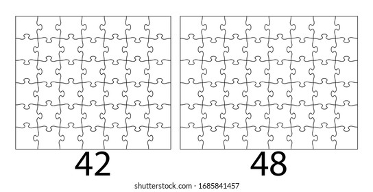 Set of forty two and forty eight puzzle pieces. Puzzle with different types of details and the ability to move each part. Black and white vector illustration.