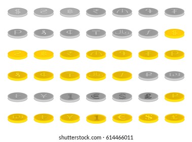 Set of forty two vector icons of gold and silver coins with images of symbols of various world currencies.