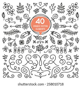 Set of forty unique vector elements. Black and white ornate for decorting. Vector illustration and design element