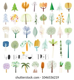Set of forty vector illustrations of abstract trees, of all kind of trees, from tropical to tundra, in a exotic hand drawn style 