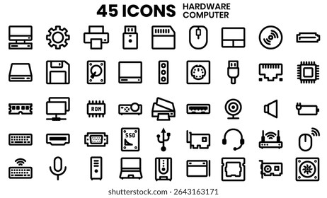 A set of forty-five outline icons showcases computer hardware elements and storage devices offering versatile design options for illustrating technology concepts.