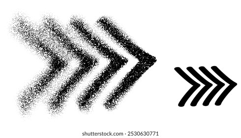 Set of forward arrows transitioning from dotted to solid, symbolizing movement and direction. Vector illustration in black and white.