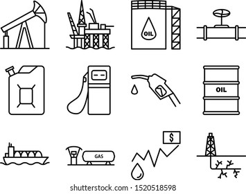 Set of fossil icons. Contains such Icons as Oil rig, Storage tank, Gas Station, Transportation and more. 