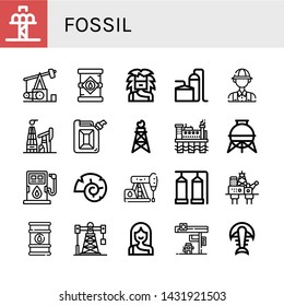 Set Of Fossil Icons Such As Drop Tower, Pumpjack, Oil Tank, Troglodyte, Storage Tank, Archaeologist, Oil Mining, Jerrycan, Oil Rig, Fuel, Nautilus, Petroleum, Barrel , Fossil