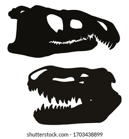 Set of fossilized dinosaur skulls silhouette images. Carnivorous pseudosuchians reptile dinosaur fossil black prints