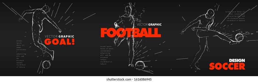A set of fotball, soccer players drawing by lines with text. Creative sport concept. Art vector graphic for brochures, flyers, presentations, logo, print, web