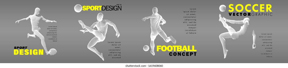 A set of fotball, soccer players drawing by lines with text. Creative sport concept. Art vector graphic for brochures, flyers, presentations, logo, print, web