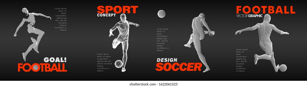 A set of fotball, soccer players drawing by lines with text. Creative sport concept. Art vector graphic for brochures, flyers, presentations, logo, print, web